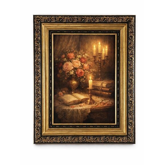 Other - Floral Still Life Print Candles Roses 5x7 Ornate Gold Black Frame 7x9 Decor